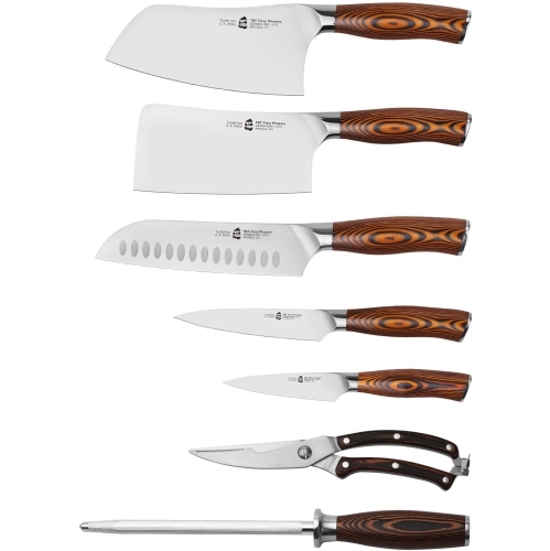TUO Cutlery Knife Set with Wooden Block, Honing Steel and Shears-Forged HC German Steel X50CrMoV15 with Pakkawood Handle - Fiery Series 8pcs Knives