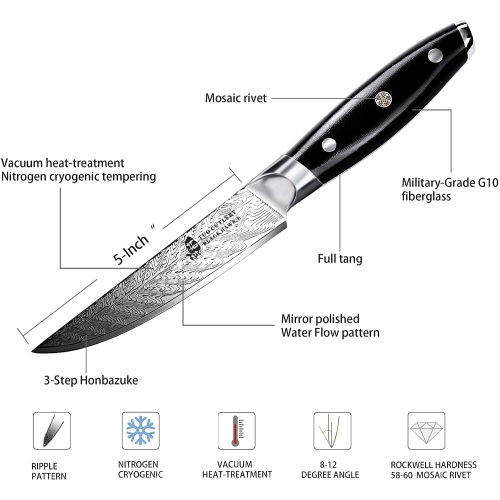 TUO Steak Knife - 5 inch Professional Kitchen Steak Knife Set of 4 - Kitchen Dinner Knives - G10 Full Tang Handle - High End Knife Set - Black Hawk S