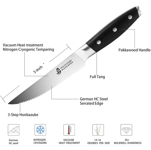 TUO Serrated Steak Knife - 5 inch Professional Kitchen Steak Knife Set 4 - Table Dinner Knife - German HC Stainless Steel Non Slip Pakkawood Handle -