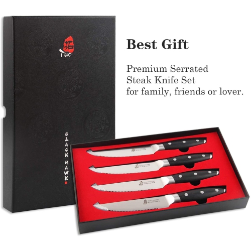 TUO Serrated Steak Knife - 5 inch Professional Kitchen Steak Knife Set 4 - Table Dinner Knife - German HC Stainless Steel Non Slip Pakkawood Handle -