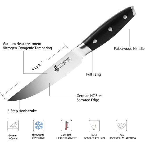 Couteau à steak TUO – Ensemble de couteaux à steak de cuisine Professional de 5 po 4 Table – Inox HC allemand – manche en bois de pakka antidérapant