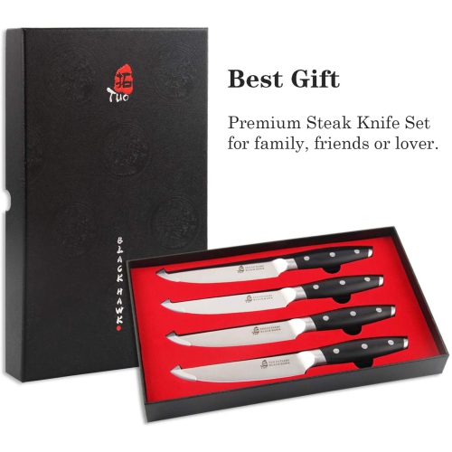 Couteau à steak TUO – Ensemble de couteaux à steak de cuisine Professional de 5 po 4 Table – Inox HC allemand – manche en bois de pakka antidérapant