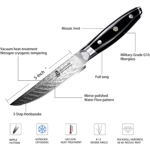 Ensemble de couteaux à steak dentelés TUO 5 po - Ensemble de 4 couteaux à steak Professional Kitchen - couteaux à steak triple rivet G10 - manche