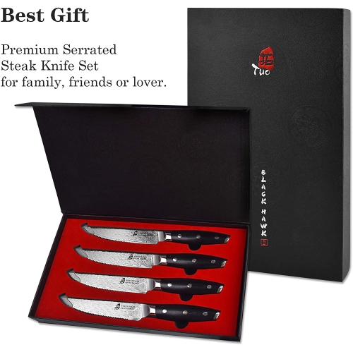 Ensemble de couteaux à steak dentelés TUO 5 po - Ensemble de 4 couteaux à steak Professional Kitchen - couteaux à steak triple rivet G10 - manche