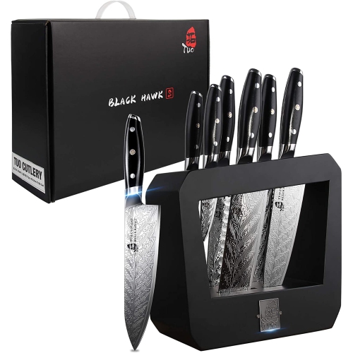 Ensemble de couteaux de cuisine de TUO avec bloc en bois 7 pièces - poignée  ergonomique à soie complète G10 - série Black Hawk S avec coffret-cadeau