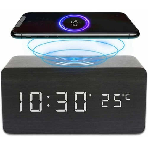 Réveille-matin avec recharge sans fil en bois numérique chambre numérique à DEL CA électrique en bois