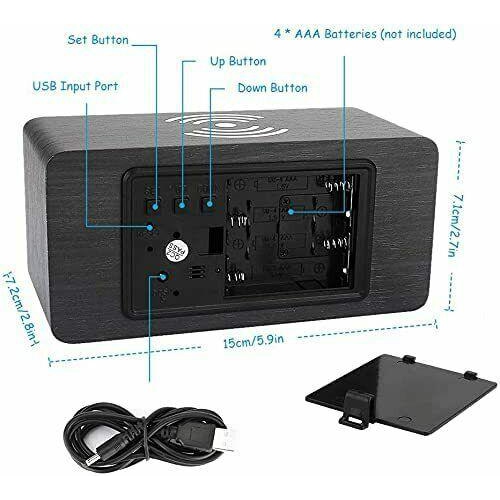 Réveille-matin avec recharge sans fil en bois numérique chambre numérique à DEL CA électrique en bois