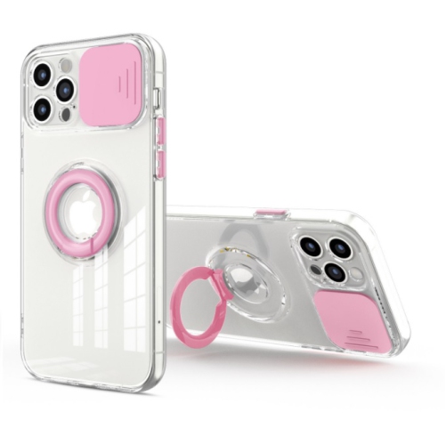 CC  Topsave Colorful Sliding Window Camera Lens Protective Clear Tpu Phone Case W/ Ring Holder Stand Cover for Iphone 12 Pro 6.1" In Baby Pink