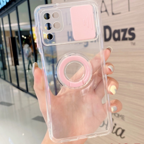 CC  Topsave Colorful Sliding Window Camera Lens Protective Clear Tpu Phone Case W/ Ring Holder Stand Cover for Samsung Galaxy A12 In Baby Pink