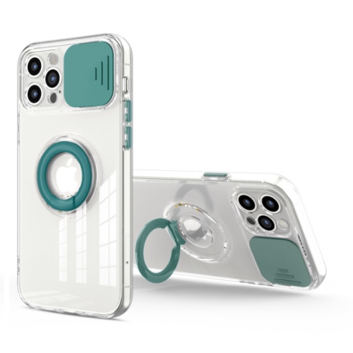 CC  Topsave Colorful Sliding Window Camera Lens Protective Clear Tpu Phone Case W/ Ring Holder Stand Cover for Iphone 12 Pro Max 6.5", Dark In Green
