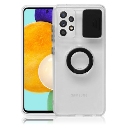CC  Topsave Colorful Sliding Window Camera Lens Protective Clear Tpu Phone Case W/ Ring Holder Stand Cover for Samsung Galaxy A52 5G In Black
