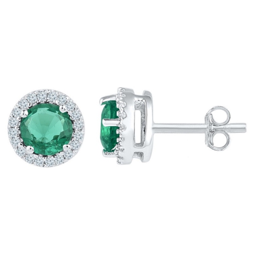 GEM AND HARMONY  Lab Created Emerald 1.00 Carat (Ctw) Solitaire Stud Earrings In 10K Gold With Diamonds 1/6 Carat (Ctw) In White