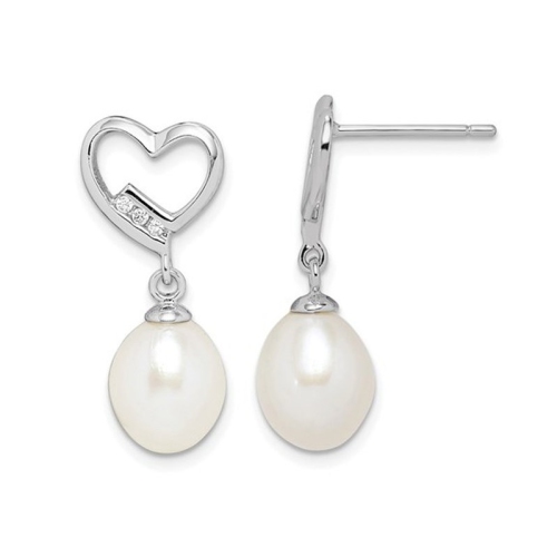 GEM AND HARMONY  Freshwater Cultured Pearl Heart Dangle Earrings In Sterling Silver With Cubic Zirconia (Cz)S In White