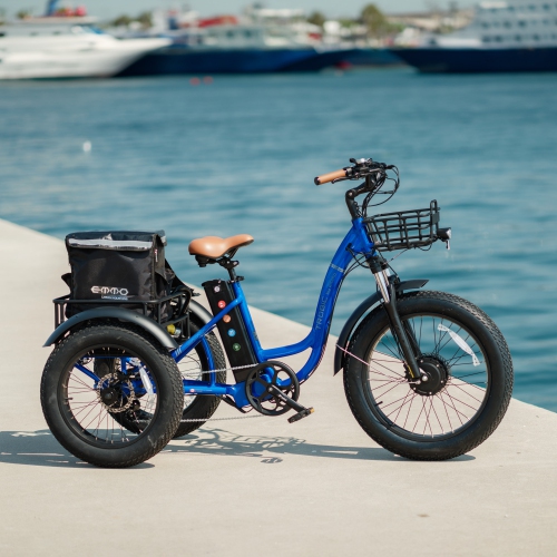 EMMO Trobic Pro Fat Tire Long Range 3 Wheel E-Bike for Adults 48V20Ah Removable Battery- Hydraulic Brakes - Blue - Cargo Baskets