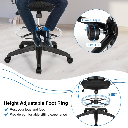 Costway Mesh Drafting Chair Office Chair w/Adjustable Armrests & Foot-Ring