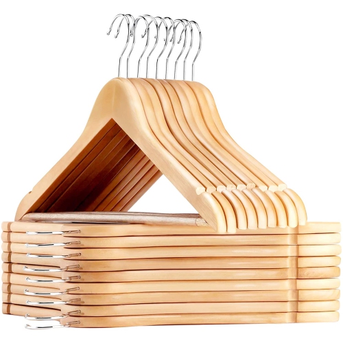 ISTAR Wooden Suit Hangers - Smooth Finish Solid Wood Coat Hanger with Non Slip Pants Bar, 360° Swivel Hook and Precisely Cut Notches for Camisole,