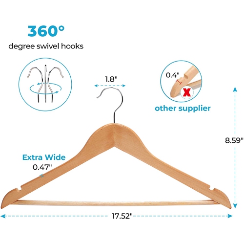 ISTAR Wooden Suit Hangers - Smooth Finish Solid Wood Coat Hanger with Non Slip Pants Bar, 360° Swivel Hook and Precisely Cut Notches for Camisole,