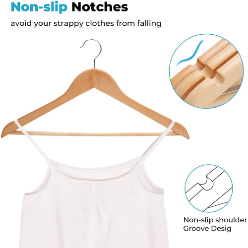 ISTAR Wooden Suit Hangers - Smooth Finish Solid Wood Coat Hanger with Non Slip Pants Bar, 360° Swivel Hook and Precisely Cut Notches for Camisole,