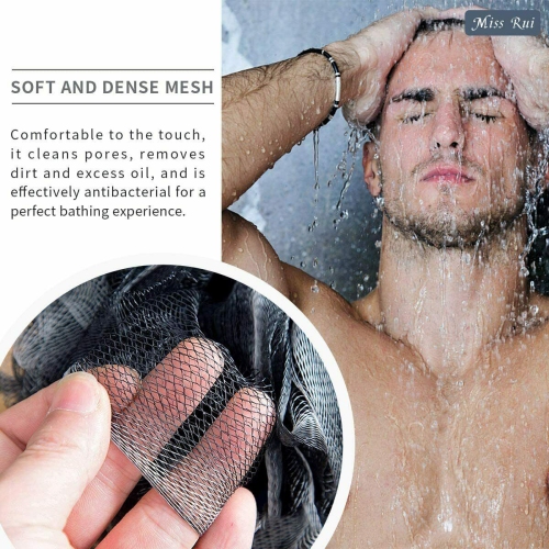 ISTAR Bath Shower Loofah Sponge 60g Bath Mesh Pouf Shower Ball Body Scrubber Exfoliating Bath Sponge for Women and Men, Set of 2, Black