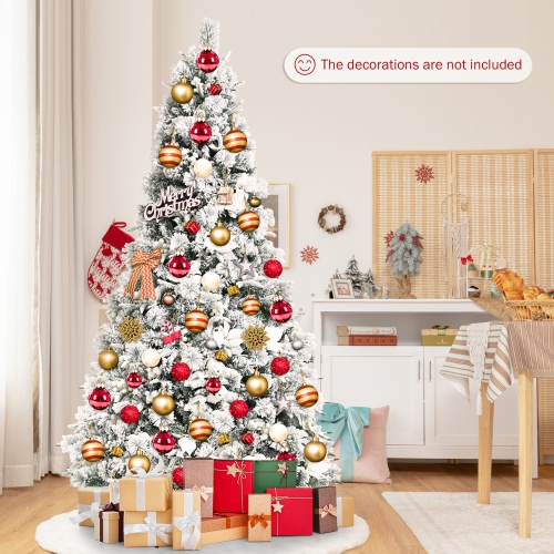 Gymax 7 FT Artificial Snow Flocked Christmas Tree Hinged Xmas Tree w/ Metal Stand