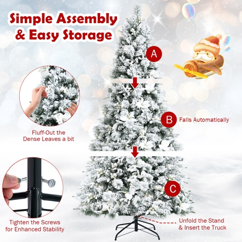 Gymax 7 FT Artificial Snow Flocked Christmas Tree Hinged Xmas Tree w/ Metal Stand