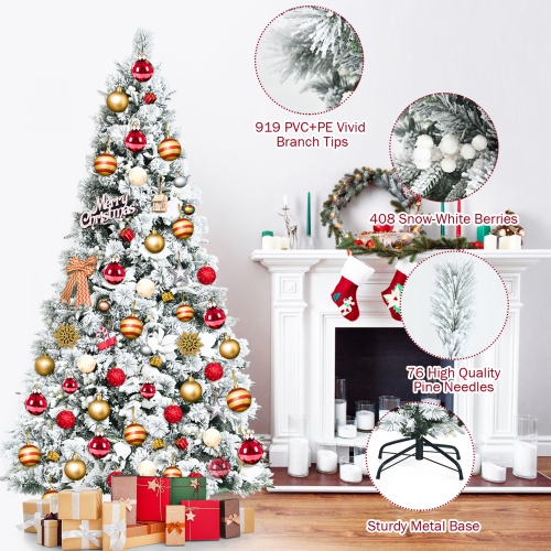 Gymax 7 FT Artificial Snow Flocked Christmas Tree Hinged Xmas Tree w/ Metal Stand