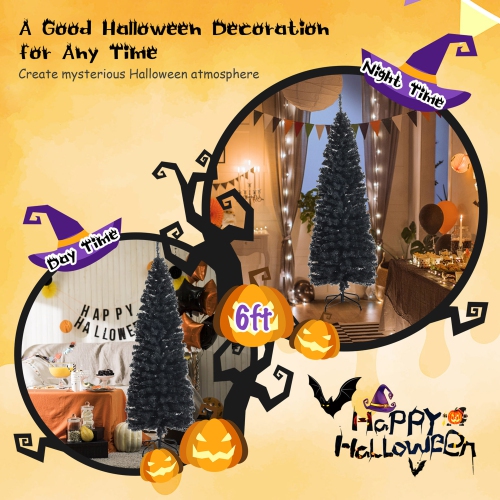 Gymax 6FT Unlit Black Halloween Pencil Tree Christmas Tree w/ 520 PVC Branch Tips
