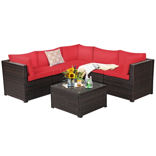 Gymax 6PCS Rattan Patio Sectional Sofa Conversation Set Outdoor w/ Red Cushions