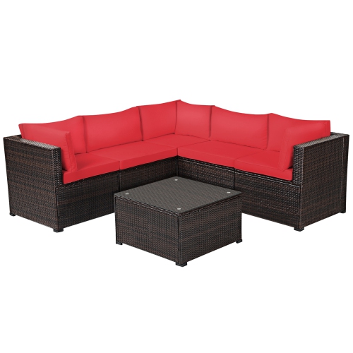 Gymax 6PCS Rattan Patio Sectional Sofa Conversation Set Outdoor w/ Red Cushions