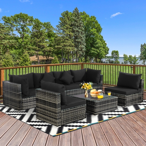 GYMAX  7PCs Pe Rattan Patio Sectional Sofa Conversation Set W/ Cushions In Black