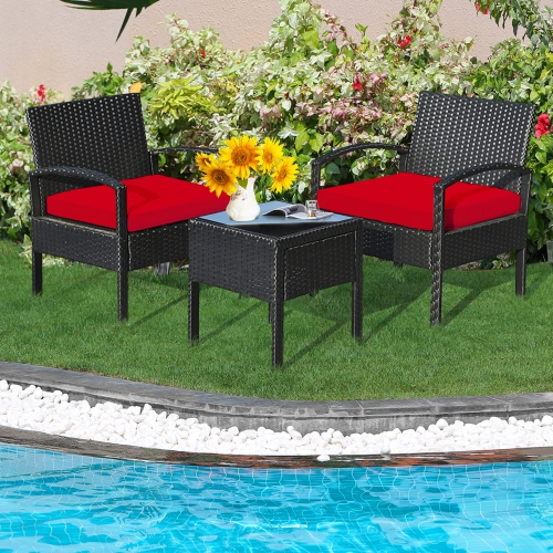 Gymax 3PCS Patio Rattan Conversation Furniture Set Outdoor Yard w/ Red Cushions