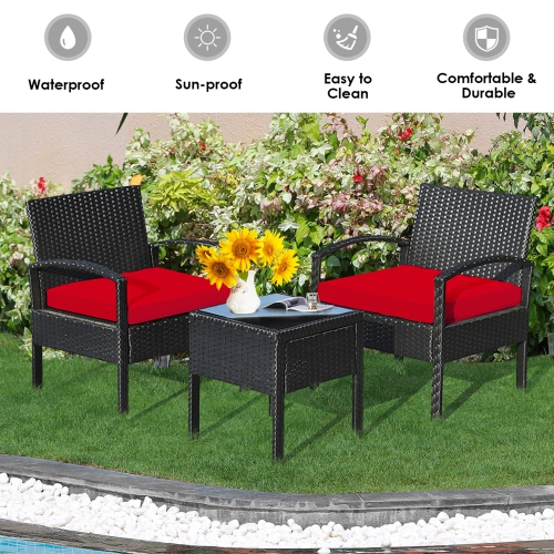 Gymax 3PCS Patio Rattan Conversation Furniture Set Outdoor Yard w/ Red Cushions
