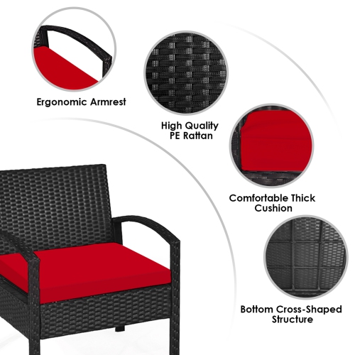 Gymax 3PCS Patio Rattan Conversation Furniture Set Outdoor Yard w/ Red Cushions