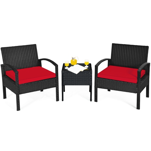 Gymax 3PCS Patio Rattan Conversation Furniture Set Outdoor Yard w/ Red Cushions