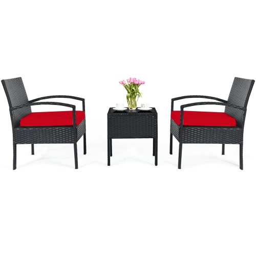 Gymax 3PCS Patio Rattan Conversation Furniture Set Outdoor Yard w/ Red Cushions