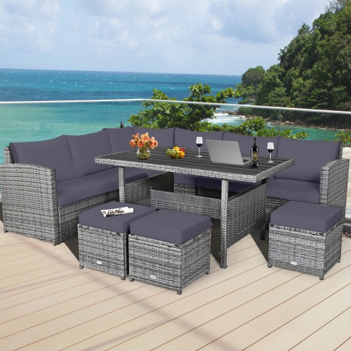 GYMAX  7PCs Rattan Patio Sectional Sofa Set Conversation Set W/ Cushions In Grey
