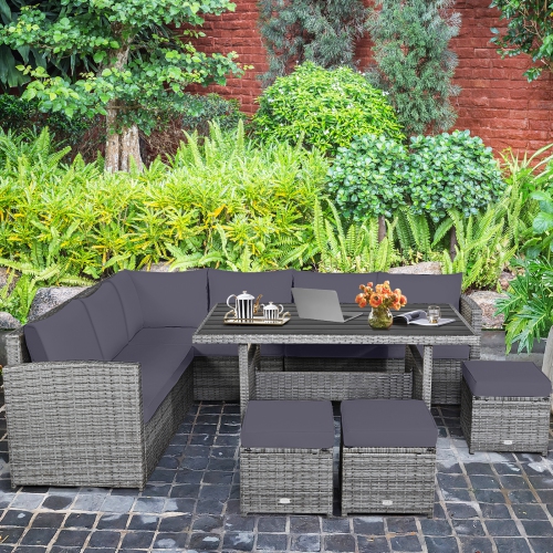 Gymax 7PCS Rattan Patio Sectional Sofa Set Conversation Set w/ Grey Cushions