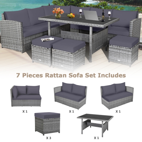 Gymax 7PCS Rattan Patio Sectional Sofa Set Conversation Set w/ Grey Cushions