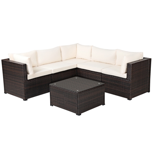 Gymax 6PCS Rattan Patio Sectional Sofa Conversation Set Outdoor w/ Beige Cushions