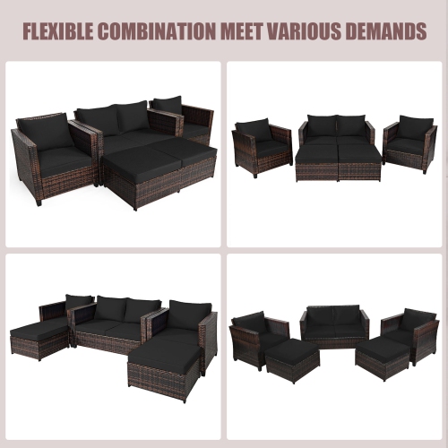Gymax 5PCS Outdoor Patio Rattan Conversation Sofa Furniture Set w/ Black Cushions