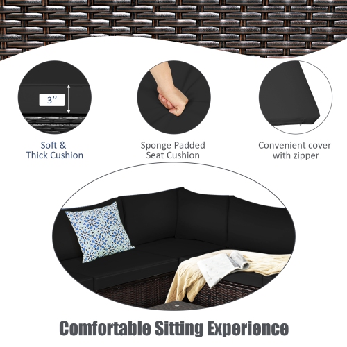Gymax 6PCS Rattan Patio Sectional Sofa Conversation Set Outdoor w/ Black Cushions