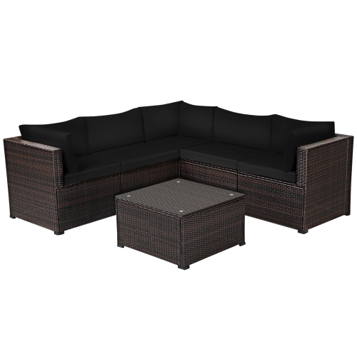 Gymax 6PCS Rattan Patio Sectional Sofa Conversation Set Outdoor w/ Black Cushions