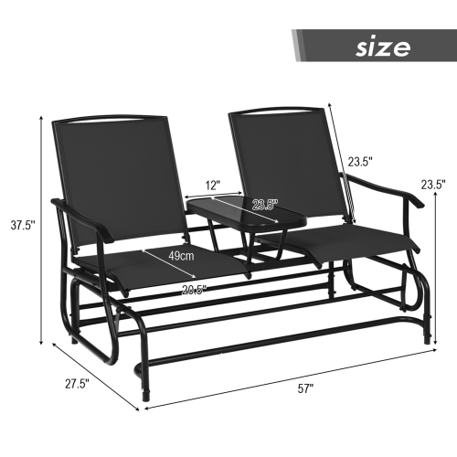 Gymax Patio 2-Person Glider Rocking Chair Loveseat Garden w/ Tempered Glass Table Black
