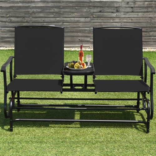 Gymax Patio 2-Person Glider Rocking Chair Loveseat Garden w/ Tempered Glass Table Black