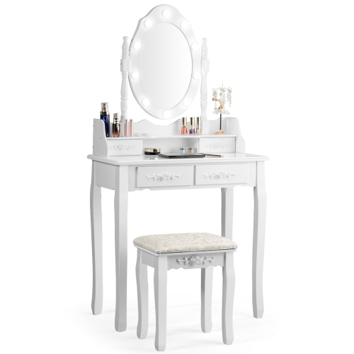GYMAX  Makeup Vanity Dressing Table Set W/10 Dimmable Bulbs Cushioned Stool