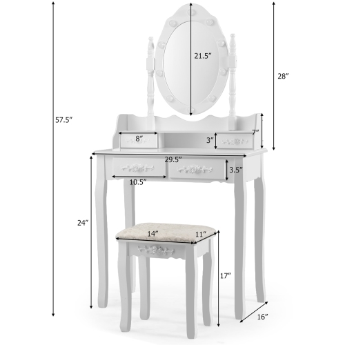 Gymax Makeup Vanity Dressing Table Set w/10 Dimmable Bulbs Cushioned Stool