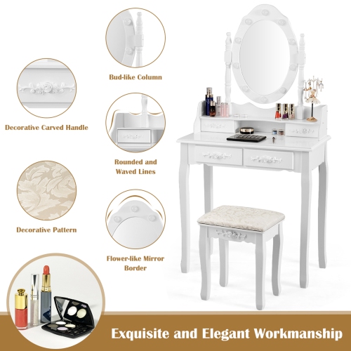 Gymax Makeup Vanity Dressing Table Set w/10 Dimmable Bulbs Cushioned Stool