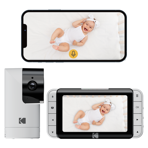 Moniteur vidéo pour bébé Kodak Cherish 5" WiFi avec longue portée, vision nocturne et communication bidirectionnelle - Blanc