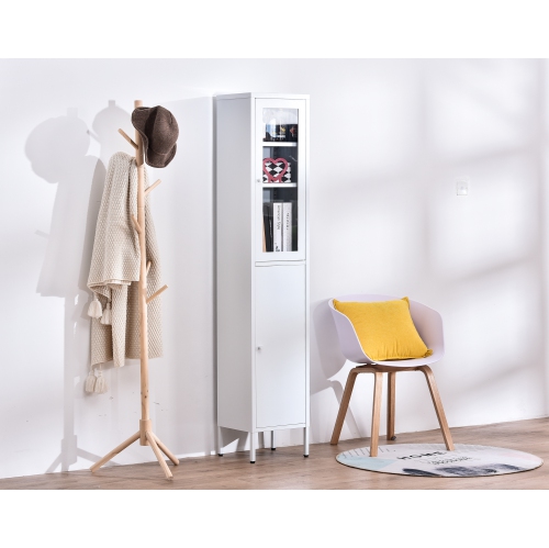 FornitureR 13.8" W Accent Chest 2 Door, Six Shelves, Enclosed Storage Cabinet,Metal,white