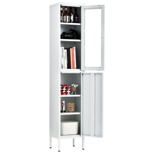 FornitureR 13.8" W Accent Chest 2 Door, Six Shelves, Enclosed Storage Cabinet,Metal,white